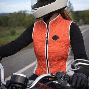 Harley-Davidson Thin Puffer Cooling Vest Logo Sz Large Coral Orange White
